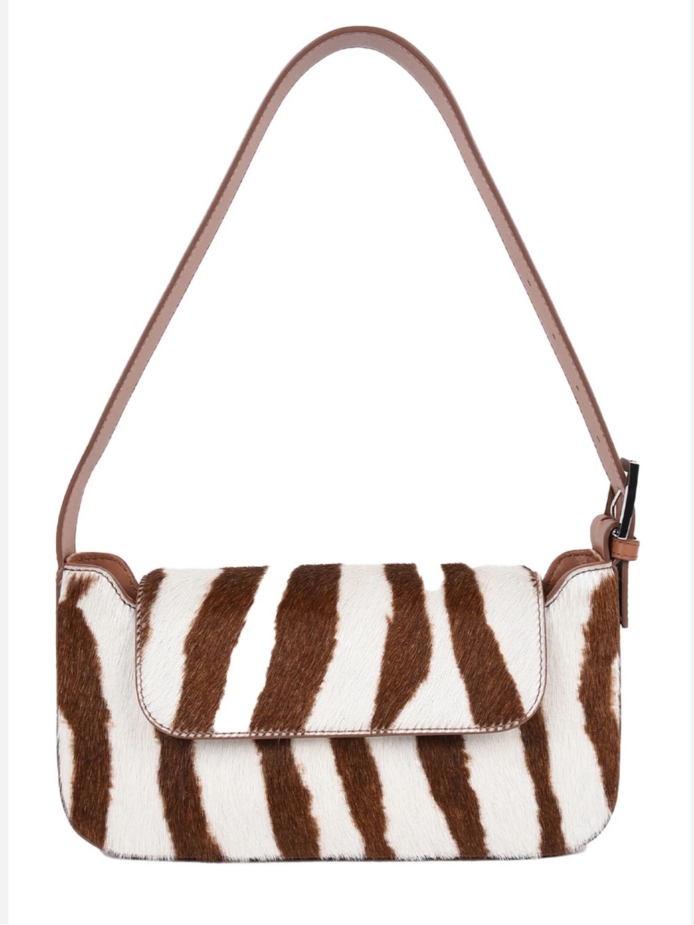 HYER GOODS Zebra Haircalf Leather Baguette Buckle Shoulder Bag NWOT Purse Brown